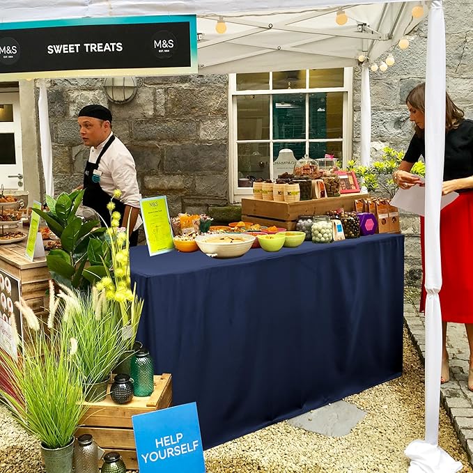 HolidayIdeas Fitted Tablecloths for 8 Foot Rectangle Table, Full Coverage Table Cover 30x96 Inch for Vendor Booth Display, Banquet, Trade Show, Navy Blue, 4 Pcs