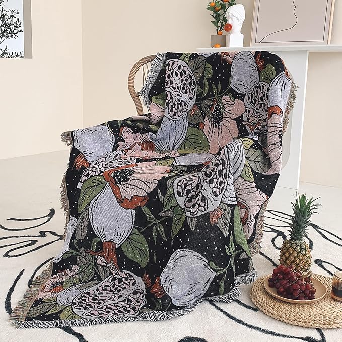 Boho Throw Blanket Reversible Cotton Bohemian Tapestry Hippie Room Decor Double Sided (Boho Flower Dark 50"x60")