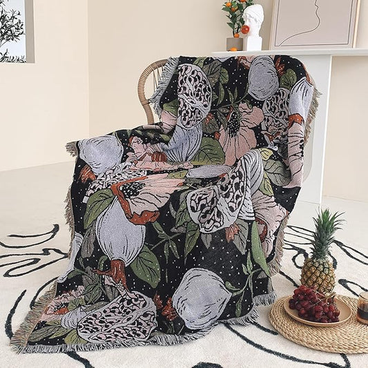 Boho Throw Blanket Reversible Cotton Bohemian Tapestry Hippie Room Decor Double Sided (Boho Flower Dark 50"x60")