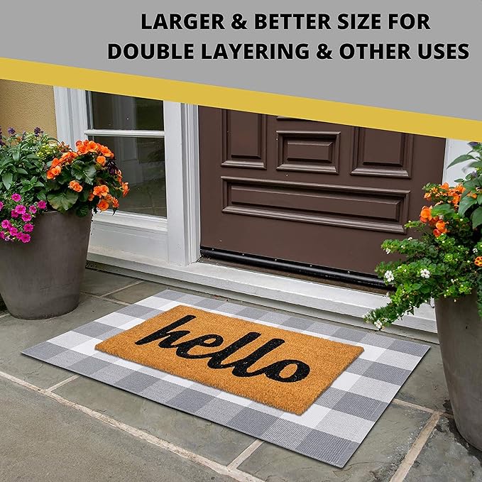 KOZYFLY Buffalo Plaid Area Rugs 2x3 Ft Gray and White Checkered Rug Washable Front Door Mat Hand Woven Cotton Outdoor Rug Small Rug for Front Porch Kitchen Entryway Patio Bathroom