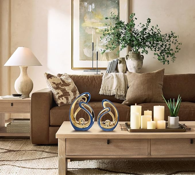 2 Pcs Navy Blue Decor Centerpiece Table Decorations Blue and Gold Ceramic Decor Statue Mid Century Modern Decor Centerpieces for Dining Room Living Room Kitchen Shelf Office Coffee Table Decor