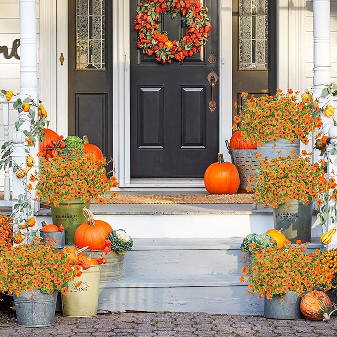 Agusbagli 10 Bundles Artificial Fall Flowers Outdoor UV Resistant Autumn Fake Flowers No Fade Faux Plastic Greenery Shrub Plants for Wedding Garden Window Box Fireplace Thanksgiving Home Decor, Orange