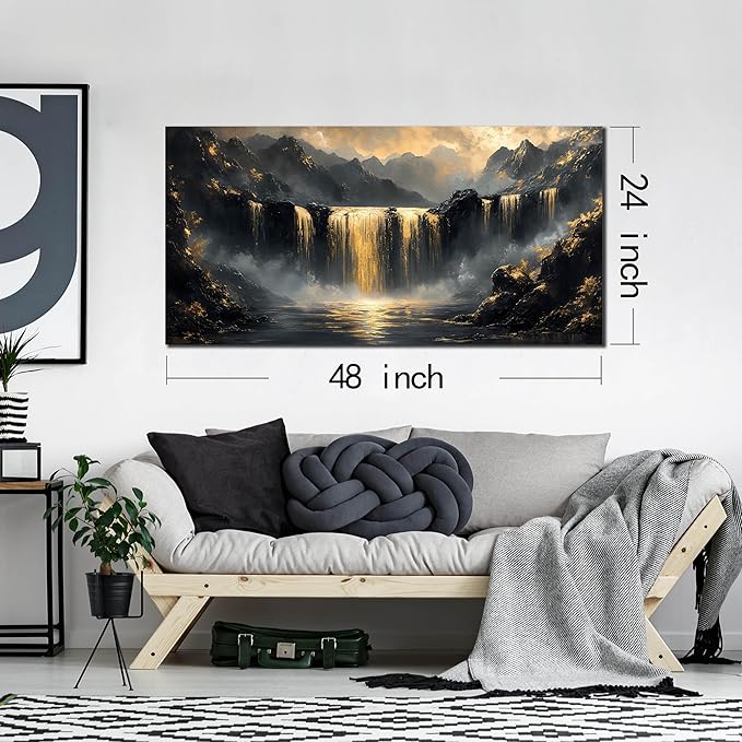 Mountain Pictures Wall Art for Living Room - Black and Gold Wall Decor Office - Modern Art Wall Decor for Bedroom Size 24" x 48"