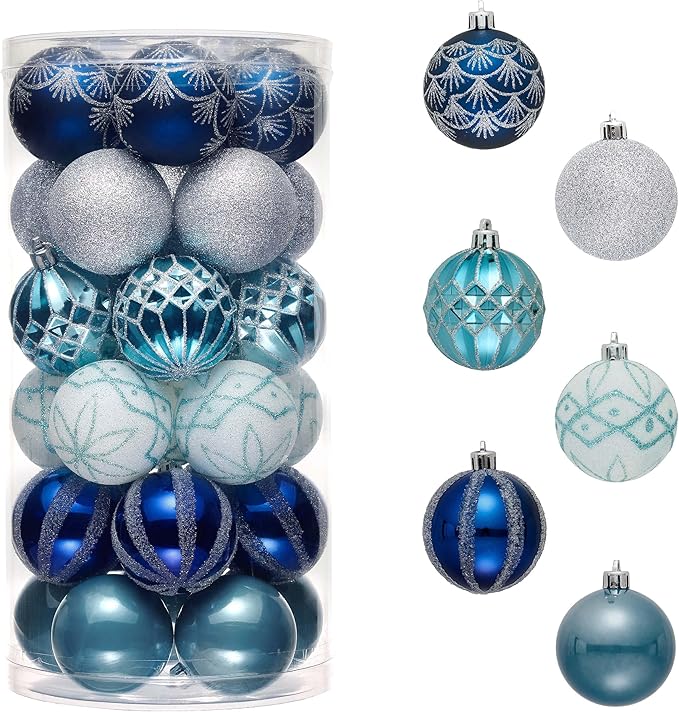 Valery Madelyn Christmas Ornaments Set, 30ct 2 Inches Navy Blue and Silver Shatterproof Christmas Tree Decorations Ball Ornaments Bulk, Elegant Hanging Ornaments for Xmas Holiday Party Decor