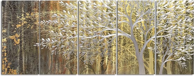 Yihui Arts Gold Metal Wall Art Handcrafted Tree on Aluminum Artwork Modern Forest Pictures with 3D for Living Room Bedroom Kitchen Decor
