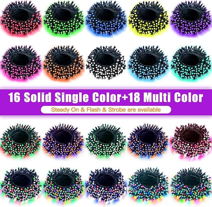 LitHome 100LED Solar Christmas Lights Outdoor, 33FT 34Colors Solar/USB String Lights Waterproof with Remote, 102 Modes Color Changing Halloween String Light Dimmable for Indoor Xmas Tree Party Decor