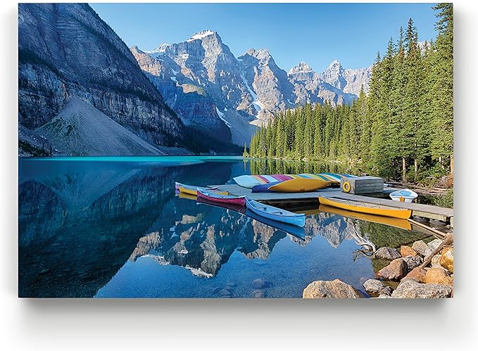 Renditions Gallery Nature Home Decor for Home Banff Canoe Docked along side Mountain Lake Canvas Hanging Artwork for Bedroom Living Room Office Wall - 24"X36" LT08