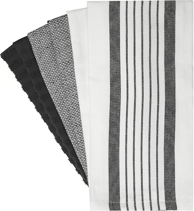 Premium Kitchen Towels 20”x 28”- 6 Pack | Large Cotton Kitchen Towels | Hand Towels for Kitchen | Flat & Terry Towel | Dish Towels | Highly Absorbent Tea Towel with Hanging Loop | Black Striped
