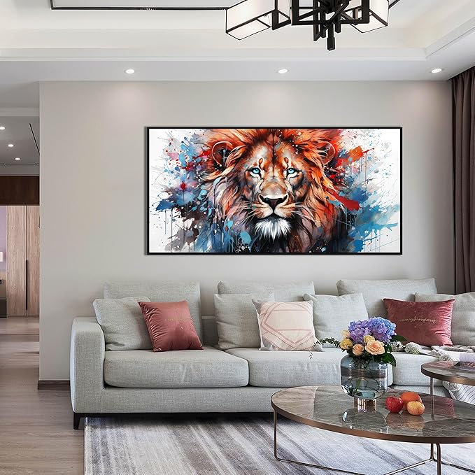 ZHAOSHOP Lion Art Wall Decor for Living Room - Colorful Modern Wall Art for Office - Black Framed Wall Art for Bedroom Size 29" x 59"
