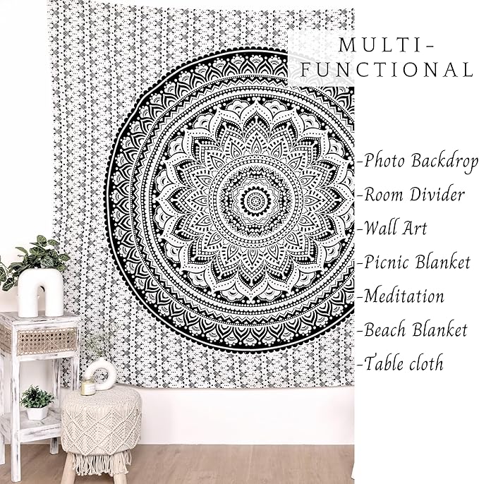 RAJRANG Black Hippie Wall Hanging Tapestry 30x40 Inches Boho Mandala Dorm Decor Meditation Bohemian Cotton Tapestries