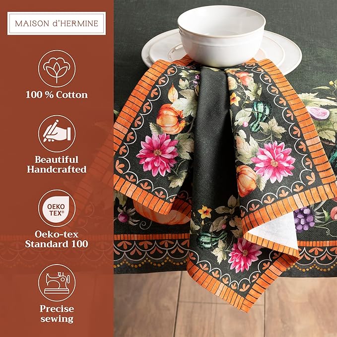Maison d' Hermine Cloth Napkins Set of 4 100% Cotton Everyday Reusable Square Napkins Cloth Washable, Dinner, Party, Wedding, Restaurant (Pumpkin Garden - Dark Green, 20" x 20")