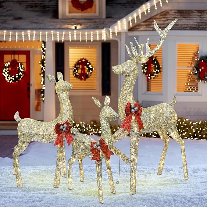 winemana 3 Pcs Christmas Reindeer Decorations Outdoor, Lighted Large Deer Yard Decor Light up 3D Deer Family Set for Outside Indoor Lawn Garden Xmas Holiday Party (Gold)