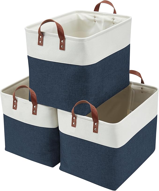 DECOMOMO Fabric Storage Basket Large Closet Storage Bins for Toys Nursery & Laundry Storage (Navy Blue & White, XXL - 3 Pack)