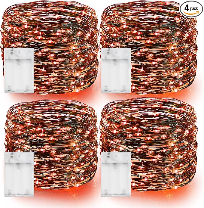 Dazzle Bright Orange Fairy String Lights, 4 Pack Total 80FT 240LED Copper Wire Battery Operated Waterproof Lights, Halloween Decorations for Indoor Home Outdoor Patio Yard Party Decor