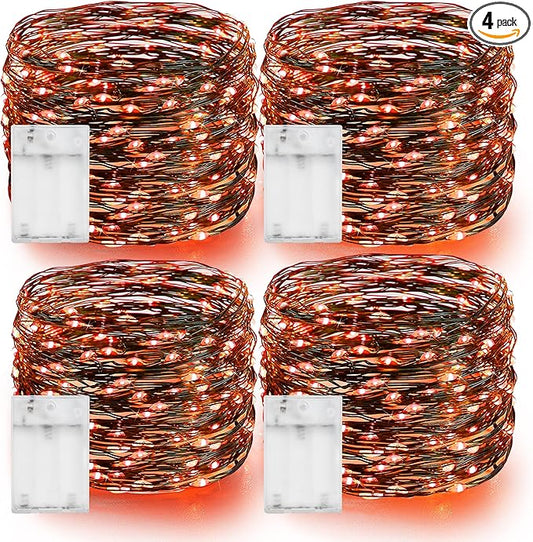 Dazzle Bright Orange Fairy String Lights, 4 Pack Total 80FT 240LED Copper Wire Battery Operated Waterproof Lights, Halloween Decorations for Indoor Home Outdoor Patio Yard Party Decor