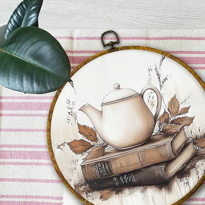 Mcehtle Vintage Fall Wall Art Decor, Rustic Autumn Teapot Books Maple Leaf Framed Canvas Prints 10x10, Cozy Fall Round Wall Hanging Artwork Decorations for Kitchen Bedroom Living Room Home