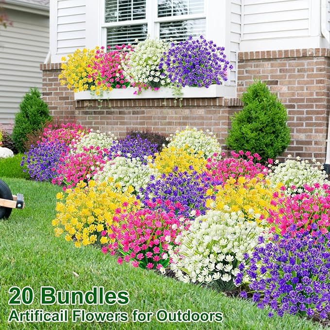 TURNMEON 20 Bundles Artificial Flowers for Outdoors Fake Plants Summer Decor, UV Resistant Artificial Plants Cemetery Fake Flowers Faux Plastic Greenery Shrubs for Home Porch Decor 580 Heads