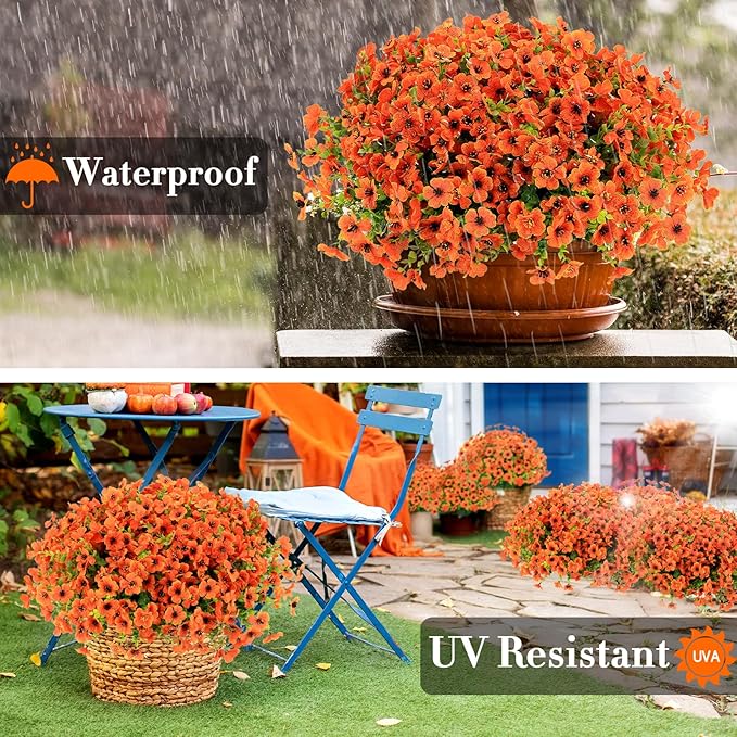 24 Bundles Fall Flowers Artificial for Decoration Outdoors, Fake Plants Autumn, Mums Daisy Eucalyptus Realistic UV Resistant for Garden Patio Porch Home Decor, Orange