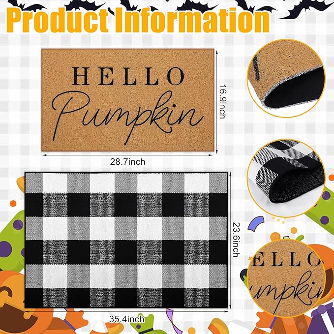 2 Pcs Fall Door Mat Hello Pumpkin Welcome Non Slip Coir Mats Thanksgiving Black White Plaid Harvest Floor Layering Doormats Seasonal for Front Porch Entryway Decor(Black White Plaid)