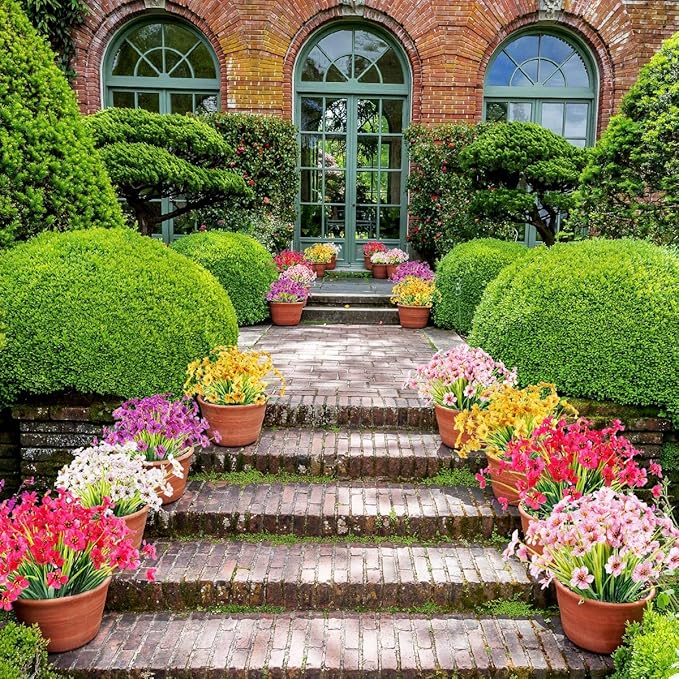 12 Bundles Artificial Flowers Outdoor UV Resistant Flowers No Fade Faux Plastic Plants Garden Porch Window Box Decorating (Yellow)