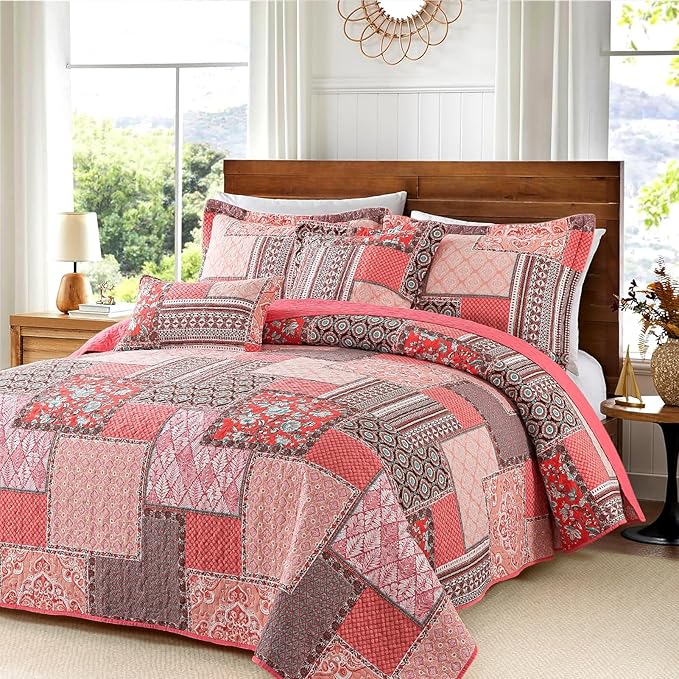 VAPUTAR Cotton Quilts Queen Size, Farmhouse Bedspreads Queen Size (90 * 98 in) - 3 Pieces Pink Lightweight Patchwork Floral Queen Quilt Bedding Set, Queen Coverlet Set Suitable for All Season