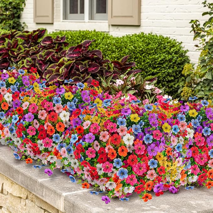 Agusbagli 72 Bundles Artificial Flowers Outdoor UV Resistant Fake Flowers No Fade Faux Plastic Greenery Shrub Plants for Wedding Home Garden Window Box Fireplace Thanksgiving Christmas Decor, Mix