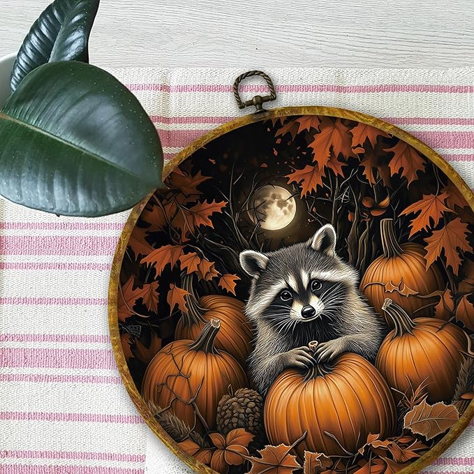 Mcehtle Moody Fall Raccoon and Pumpkins Wall Art Decor, Vintage Autumn Nature Cozy Fall Framed Canvas Prints 10x10, Rustic Woodland Scene Round Wall Hanging Artwork Decorations for Home Living Room