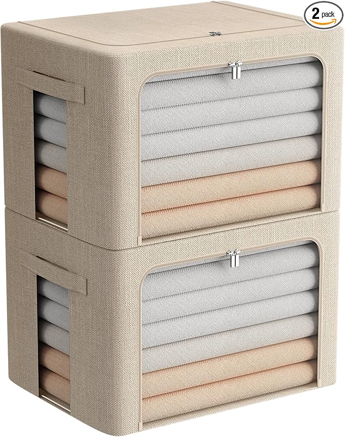 Extra Large Clothes Storage Bins Foldable Metal Frame Storage Box Stackable Linen Fabric Box Organizer Set with Carrying Handles and Clear Window (Beige, 23.6x 16.5x 15.7 Inch)