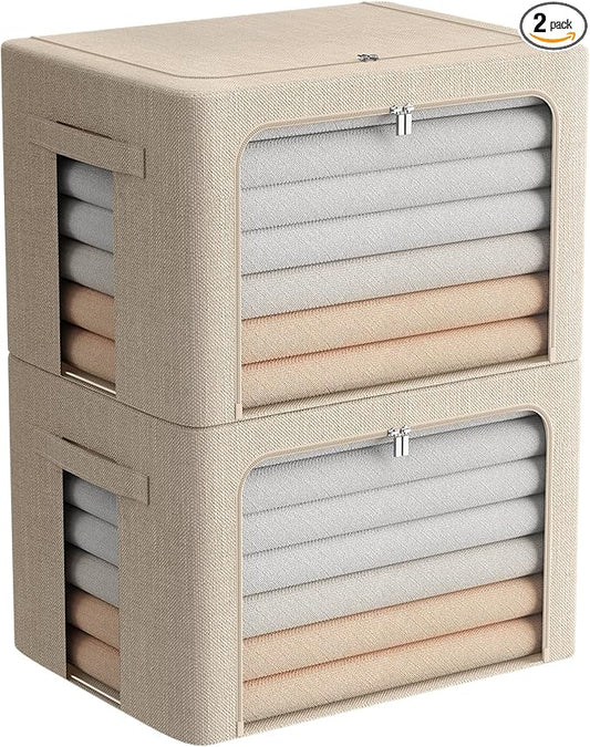 Extra Large Clothes Storage Bins Foldable Metal Frame Storage Box Stackable Linen Fabric Box Organizer Set with Carrying Handles and Clear Window (Beige, 23.6x 16.5x 15.7 Inch)