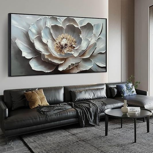 White Flower Wall Art for Bedroom Teenage Girl - Modern Hand Painted Home Wall Decor for Living Room - Large Black Framed Wall Art Size 29" x 59"