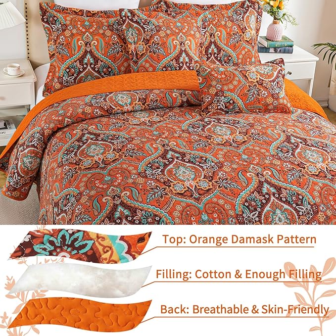 VAPUTAR Quilt California King Size Bedding Set - Cotton California King Quilt (108 * 118 Inch) - Boho Lightweight Reversible Oversized Bedspread for Farmhouse Bedroom (Orange), 3 Pieces