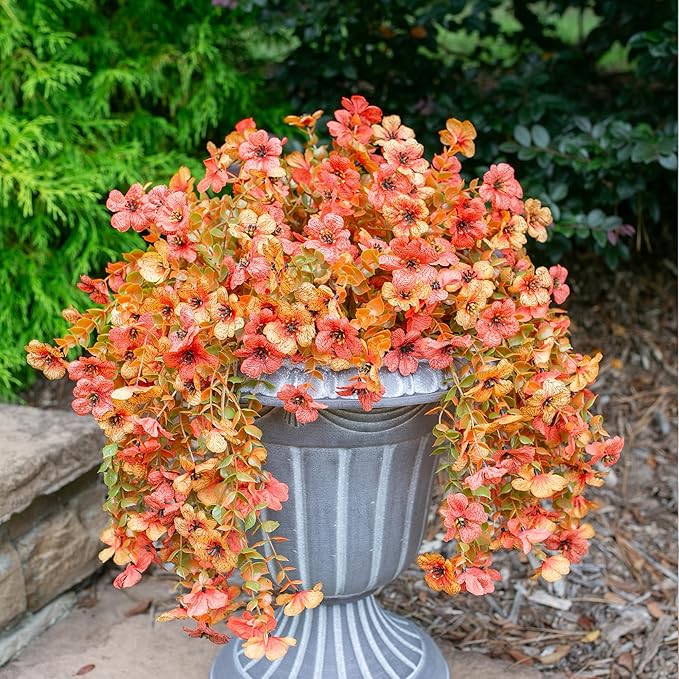 Artificial Flowers for Outdoors Fall Decoration, 2Pcs Fall Orange Yellow Hanging Flowers with Autumn Eucalyptus Leaves Faux Silk Flower Decor for Home Porch Patio Balcony Planter Yard