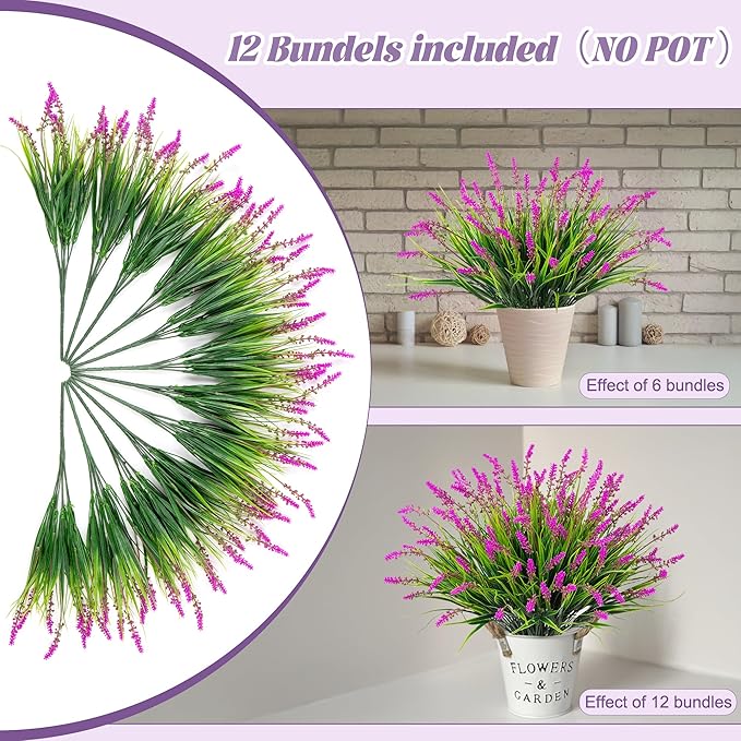 Artificial Flowers Faux Plants for Outdoor Decoration, 12 Bundles Fake Monkey Grass for Home Garden Front Porch Balcony, Lavender Flowers Shrubs UV Resistant No Fade Greenery Bush Planter (Lotus)