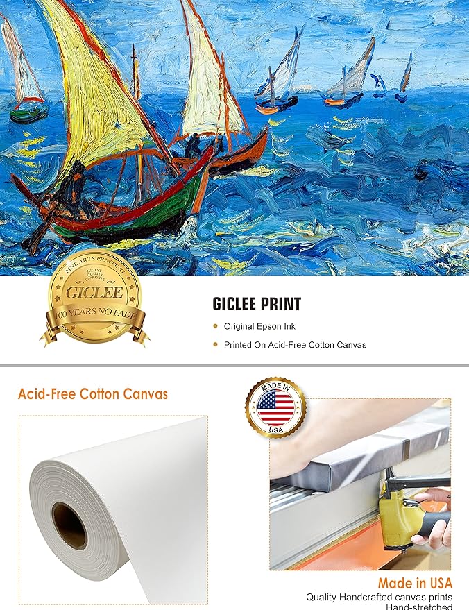 DECORARTS - Fishing Boats At Sea, Vincent Van Gogh Art Reproduction. Giclee Canvas Prints Wall Art for Home Decor 20x16