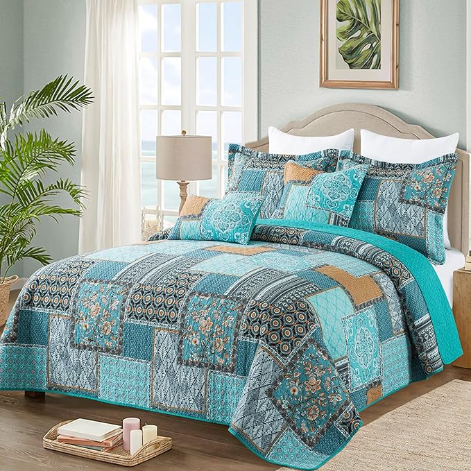 VAPUTAR Oversized King Size Quilt Bedding Set - Cotton California King Size Bedspreads (108 * 118 in) - Lightweight Floral Quilts for Farmhouse Bedroom (Teal/Green Chic, 3 Pieces)