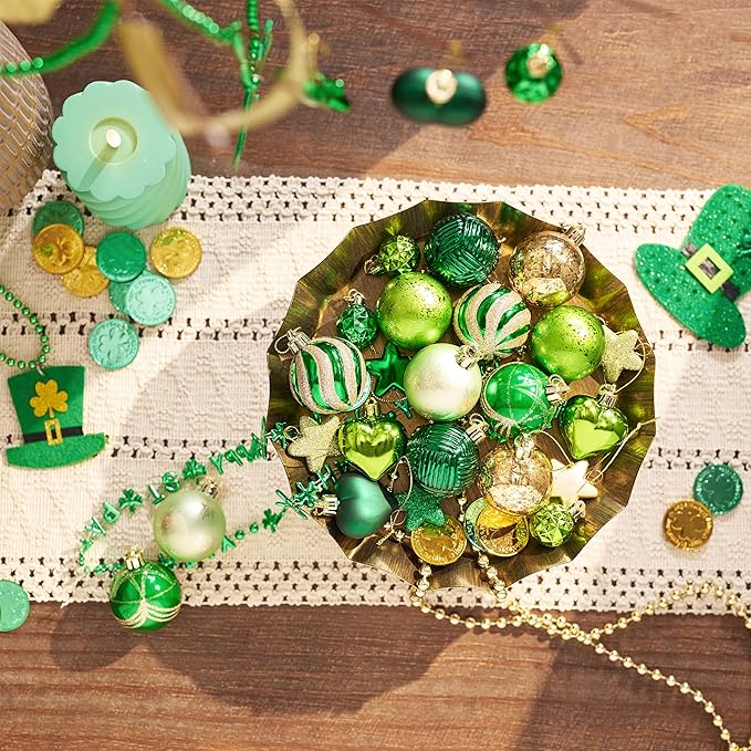 Valery Madelyn 28ct St. Patrick's Tree Decorations Ornaments Set, Green and Gold Shatterproof St. Patrick's Ball Ornaments Hanging Decor for Valentines Day, Mardi Gras, St Patricks Day