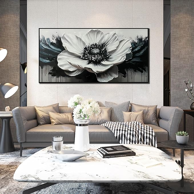 Flower Canvas Art Wall Decor for Living Room - Black and White Hand Painted Painting for Bedroom - Large Picture Frames for Wall Size 29" x 59"