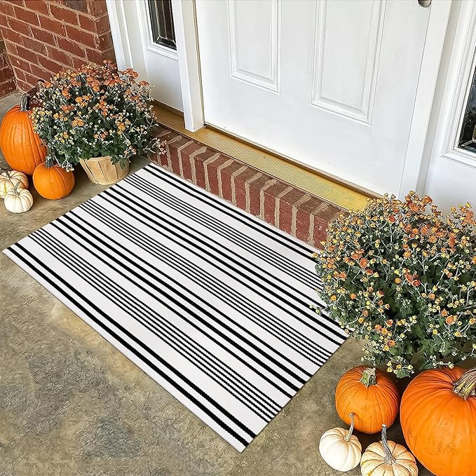 OJIA Front Door Rugs Indoor 27.5x43 Inches, Black and White Striped Outdoor Rugs Porch Rug Cotton Woven Entryway Rug Machine Washable Door Mats for Porch/Farmhouse/Kitchen