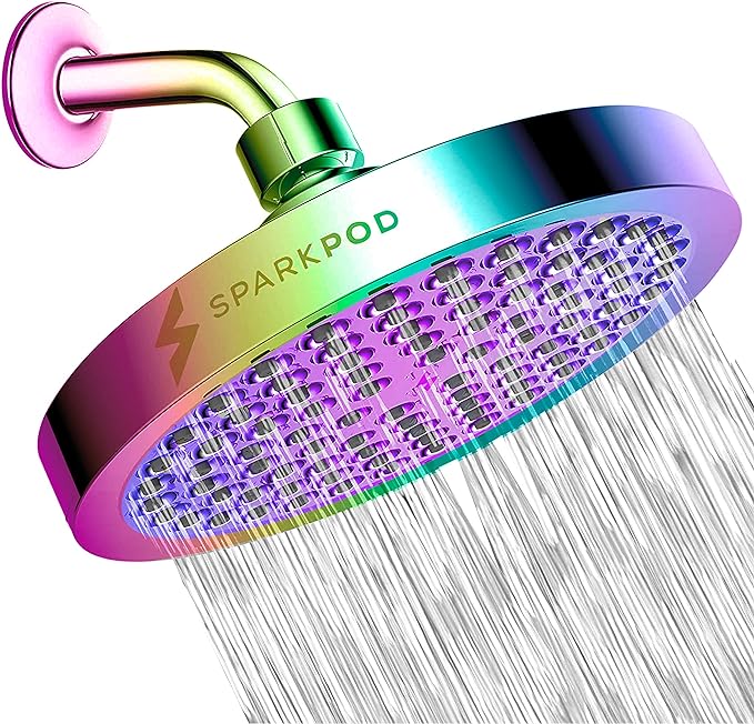 SparkPod Shower Head - High Pressure Rain - Premium Quality Luxury Design - 1-Min Install - Easy Clean Adjustable Replacement for Your Bathroom Shower Heads (Radiant Rainbow, 6 Inch Round)