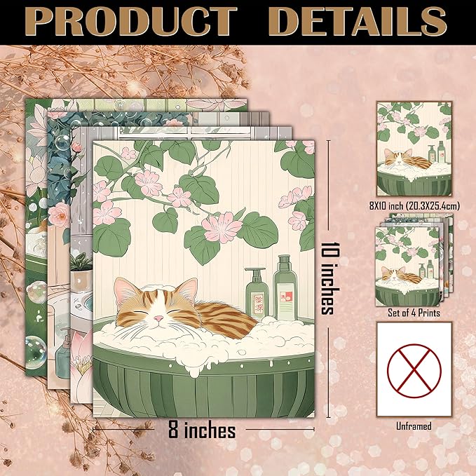 FITIE Orange Tabby Cat Bathroom Wall Art Posters Set of 4, Cat Bathroom Decor, Retro Japanese Aesthetic Floral Bathtub Cats Canvas Prints Artwork Wall Decor for Bath Wash Room, 8x10 Unframed