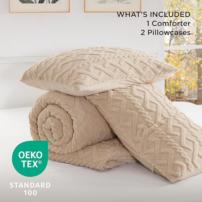 Bedsure King Size Fluffy Comforter Set, Warm Sand Plush Fleece Bed Set King, Luxury Jacquard Farmhouse Boho Soft Warm Bedding for Winter, 1 Comforter (104"x90") and 2 Pillowcases (20"x36")
