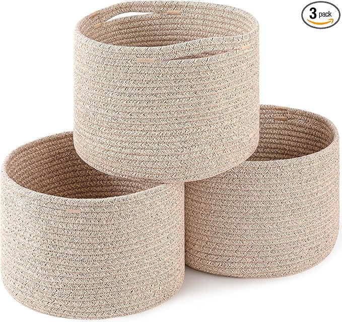 OIAHOMY Small Storage Baskets for Organizing,Closet Cube Shelf Storage, 9.8”×9.8”×7.1”, Woven Cotton Rope Gift Baskets for Nursery,Cute Dog Toy bins, Round 3 Packs, Brown