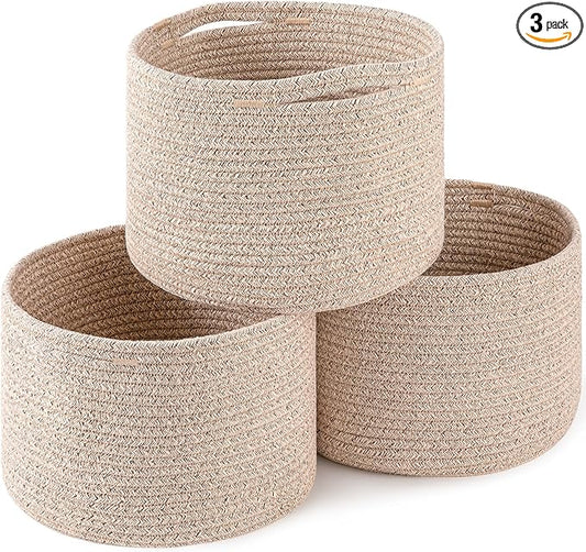 OIAHOMY Small Storage Baskets for Organizing,Closet Cube Shelf Storage, 9.8”×9.8”×7.1”, Woven Cotton Rope Gift Baskets for Nursery,Cute Dog Toy bins, Round 3 Packs, Brown