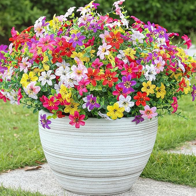 SHareconn 40 Bundles Artificial Flowers for Outdoors Spring Decoration, Fake Silk Realistic Faux Plants UV Resistant for Outdoor Planter Porch Patio Summer Outside Decor, RedRosyPurpleYellowPinkWhite