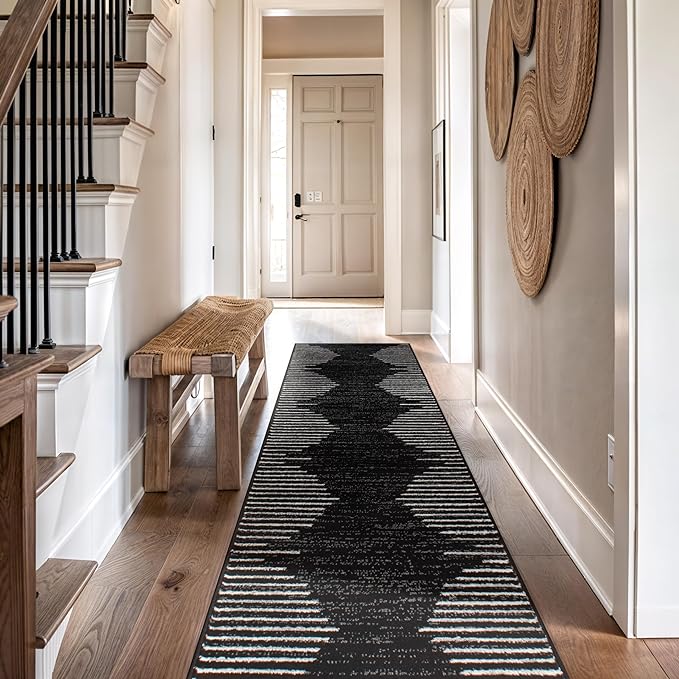 Rugshop Bohemian Stripe Stain Resistant High Traffic Living Room Kitchen Bedroom Dining Home Office Runner Rug 2'7" x 8' Black