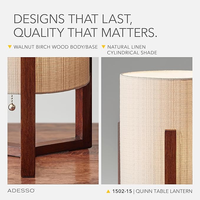 Adesso Quinn Table Lantern - Walnut Birch Wood & Natural Linen Shade – Perfect Nightstand, End Table, and Desk Lamp
