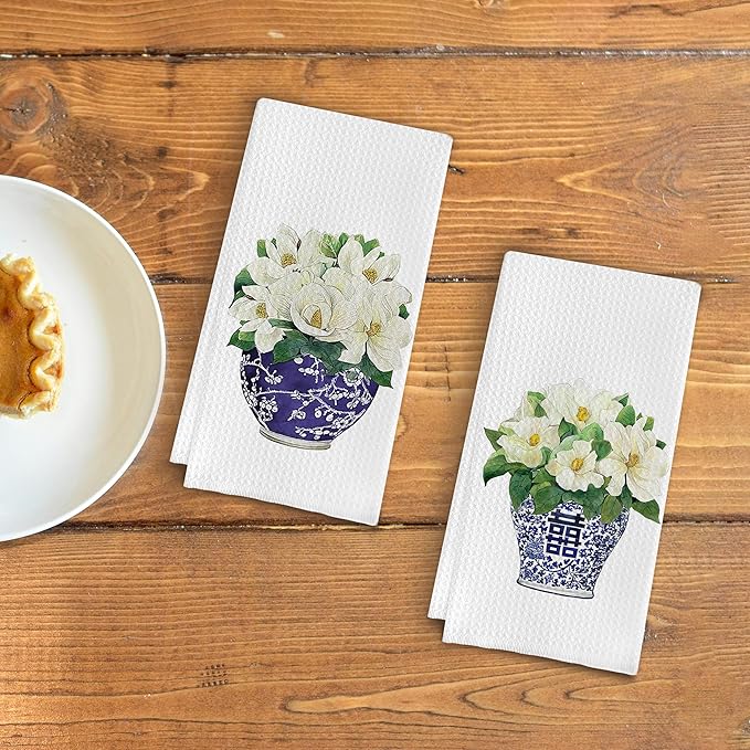 Chinoiserie Vase Kitchen Tea Towel Set of 2 - Floral Dish Towels, Vintage Kitchen Towels, Waffle Weave Hand Towels 16 X 24 Inch