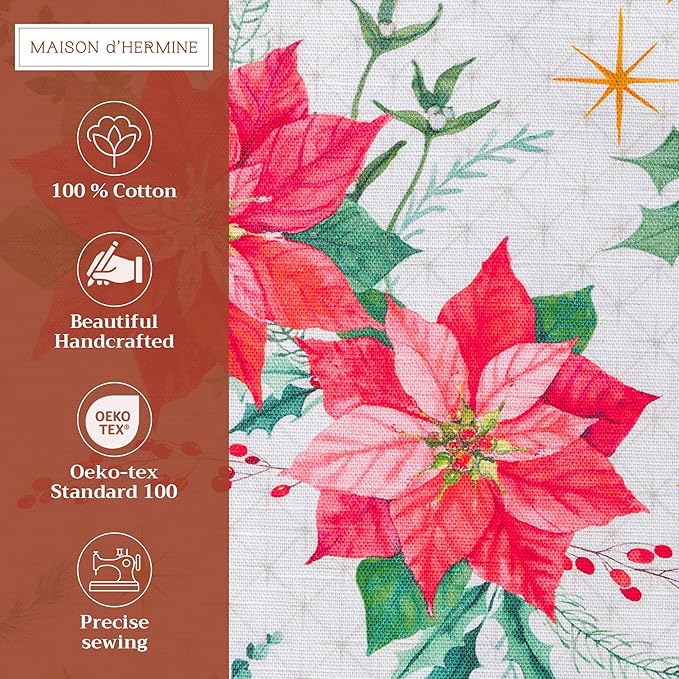 Maison d' Hermine Placemats Set of 4 100% Cotton Washable Cloth Place Mats, Reusable Table Mats for Kitchen Dining Decoration, Party, Wedding, Restaurant (Poinsettia Christmas, 13" x 19")