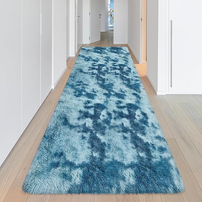 Super Soft Fluffy Living Room Area Rug 3x10 ft Tie-Dyed Light Blue Shaggy Furry Carpet Washable Non-Slip Floor Rugs Bedroom Bedside Nursery Rug Fuzzy Girls Boy Dorm Home Decor Aesthetic