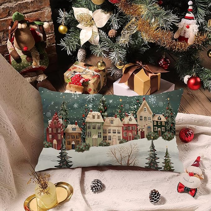 Winter Lumbar Decorative Rectangle Pillow Cover 12 x 20, Wonderland Forest House Snowflake Vintage Porch Outdoor Pillowcase, Christmas Holiday Seasonal Farmhouse Cushion Case Home Decor